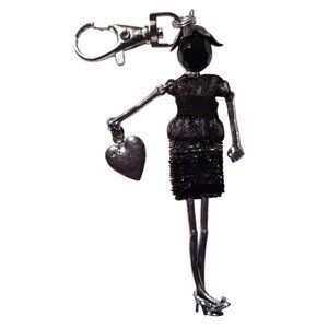 Charm Doll Purse Tassel Key Chain Necklace Pendant Black Bead Black Dress silver